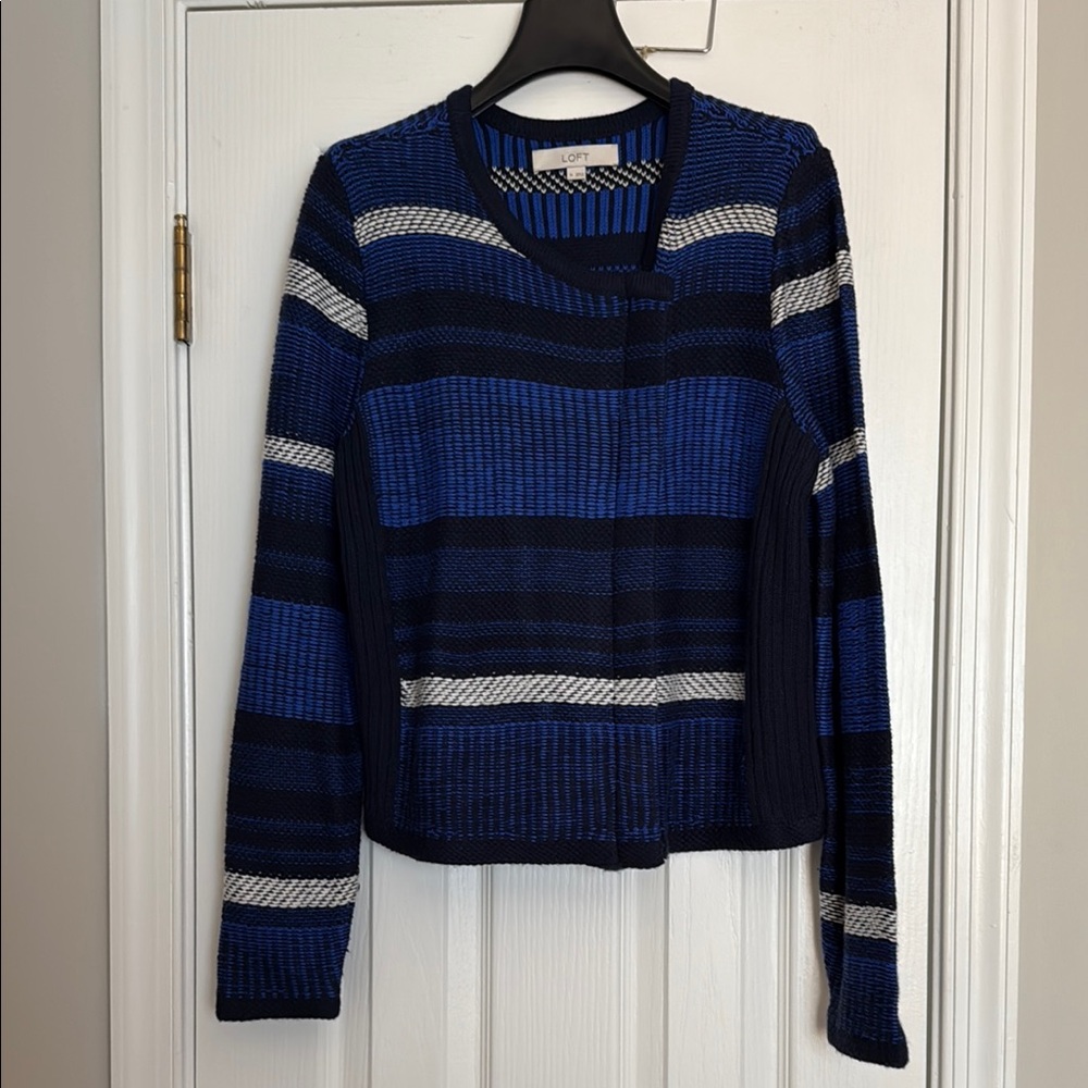 LOFT Blue and White with Textured Knit Zipped Sweater